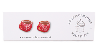 Red Christmas Themed Coffee Cups Stud Earrings on a Backing Card